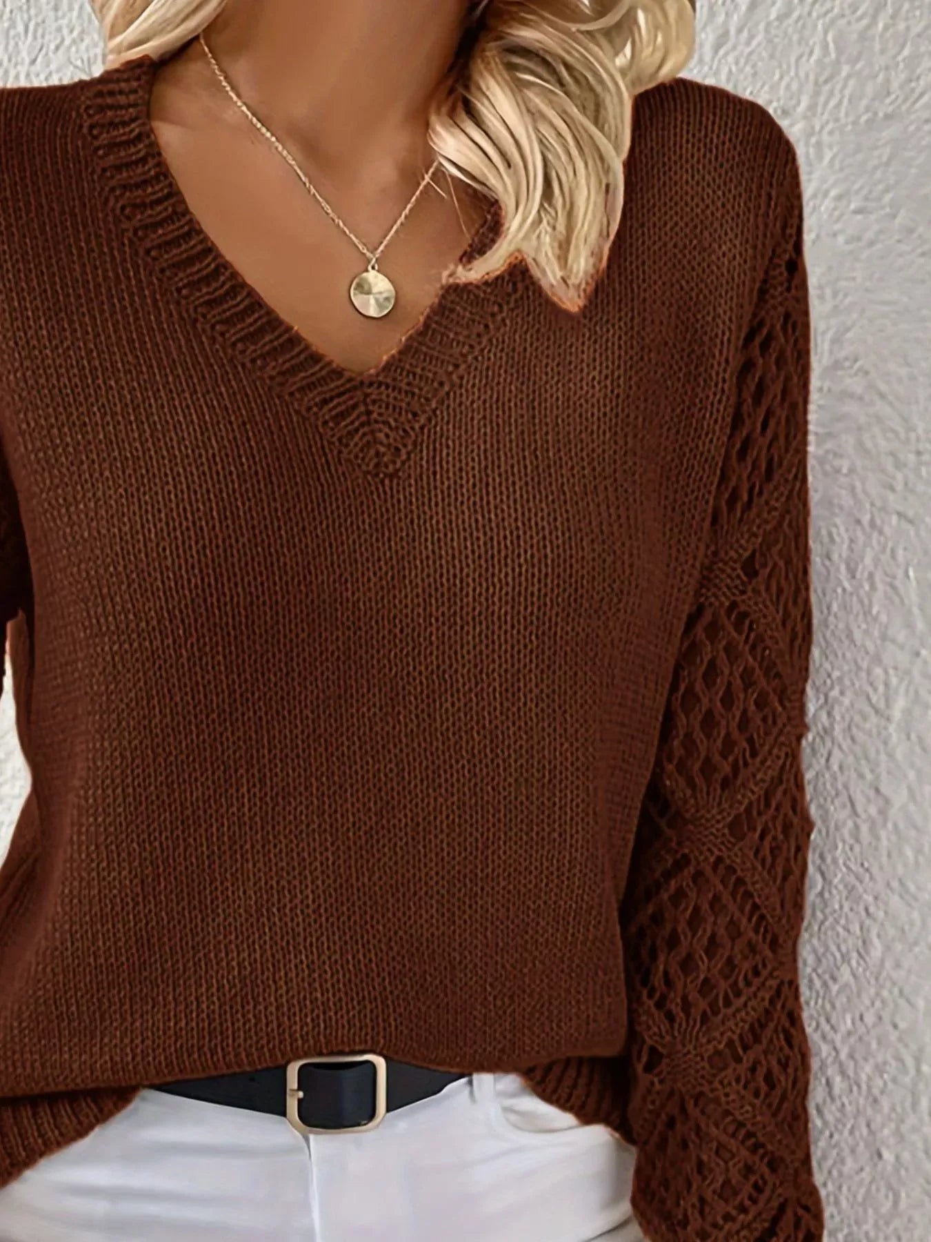V-Neck Hollow-Out Sleeve Knit Sweater Sweaters The Nichole Collection