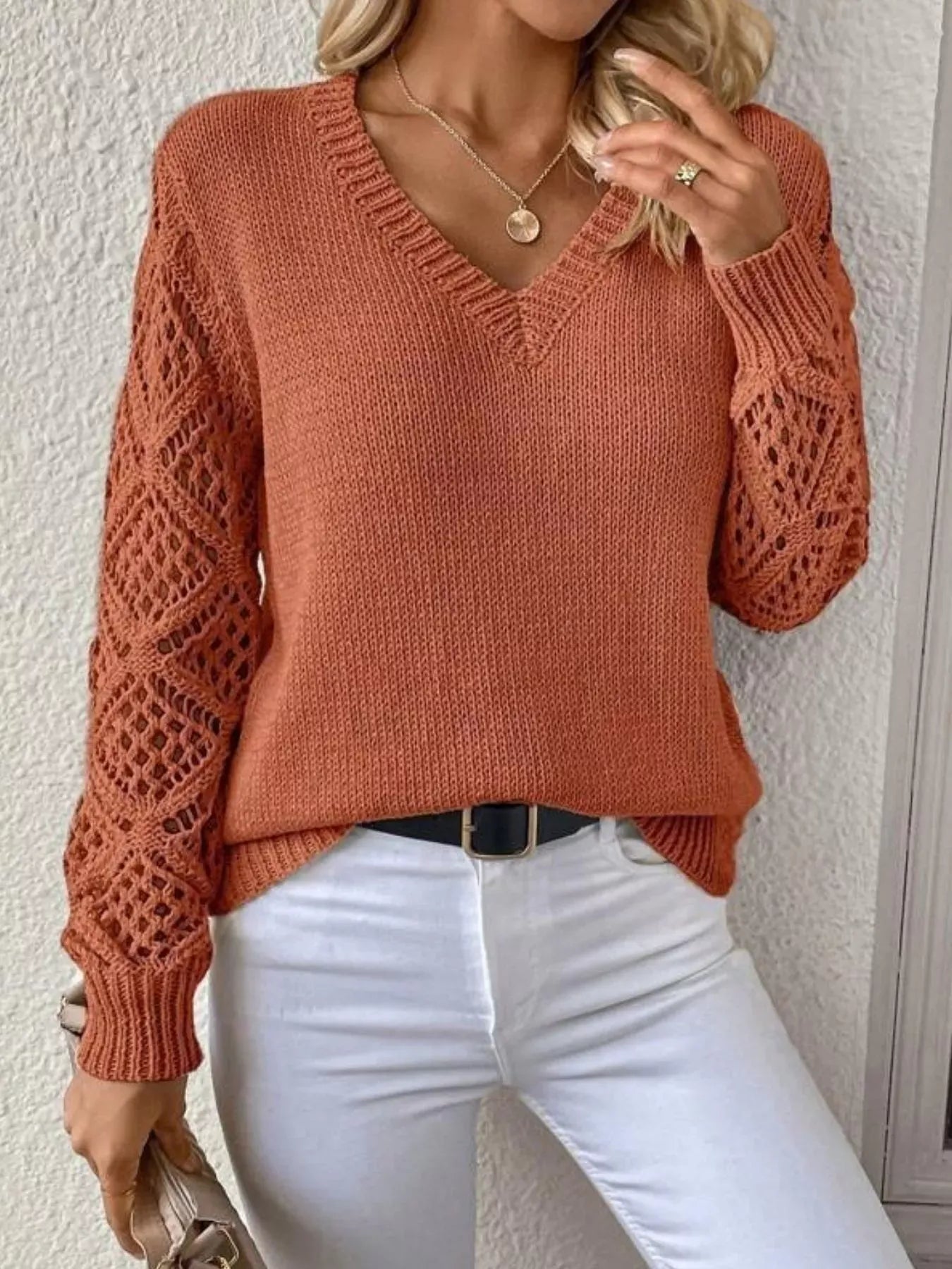 V-Neck Hollow-Out Sleeve Knit Sweater Sweaters Terracotta / S The Nichole Collection