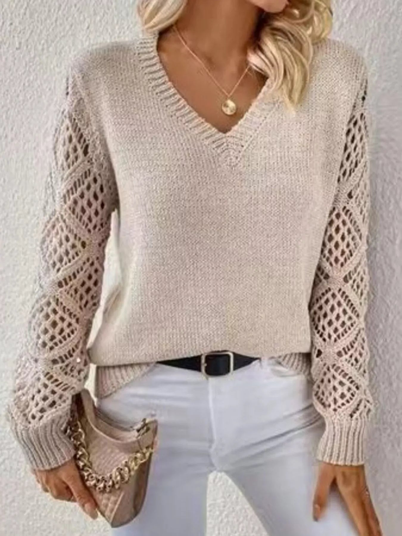 V-Neck Hollow-Out Sleeve Knit Sweater Sweaters The Nichole Collection