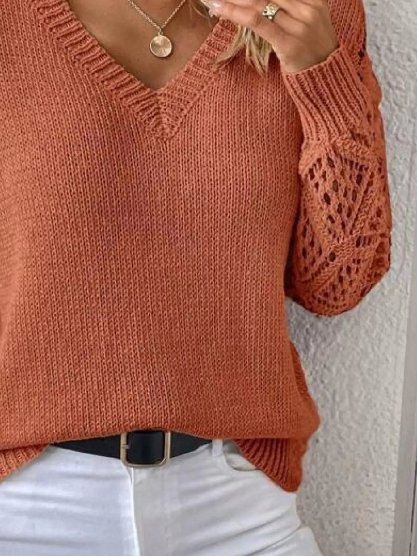 V-Neck Hollow-Out Sleeve Knit Sweater Sweaters The Nichole Collection