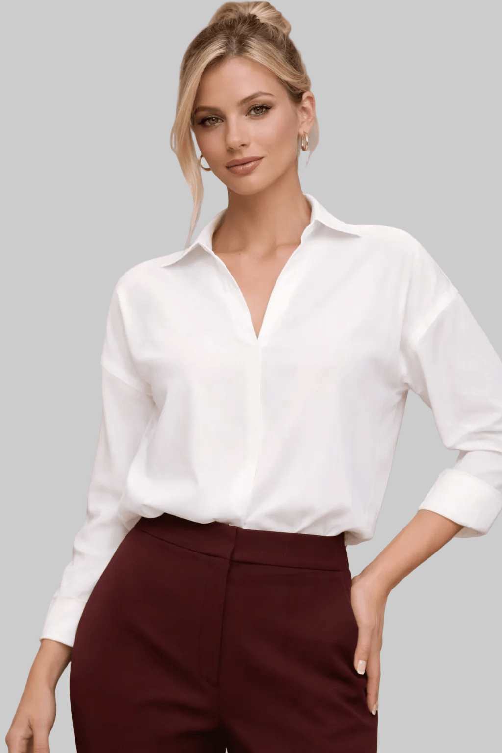 V-Neck Long Sleeve Bodysuit Top – Casual Loose Fit Elegant Essential White / S The Nichole Collection - Official Site
