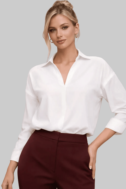 V-Neck Long Sleeve Bodysuit Top – Casual Loose Fit Elegant Essential White / S The Nichole Collection