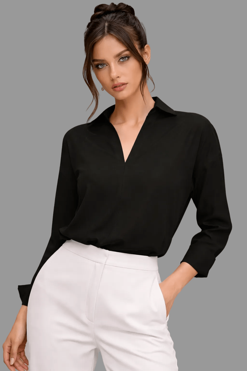 V-Neck Long Sleeve Bodysuit Top – Casual Loose Fit Elegant Essential Black / S The Nichole Collection