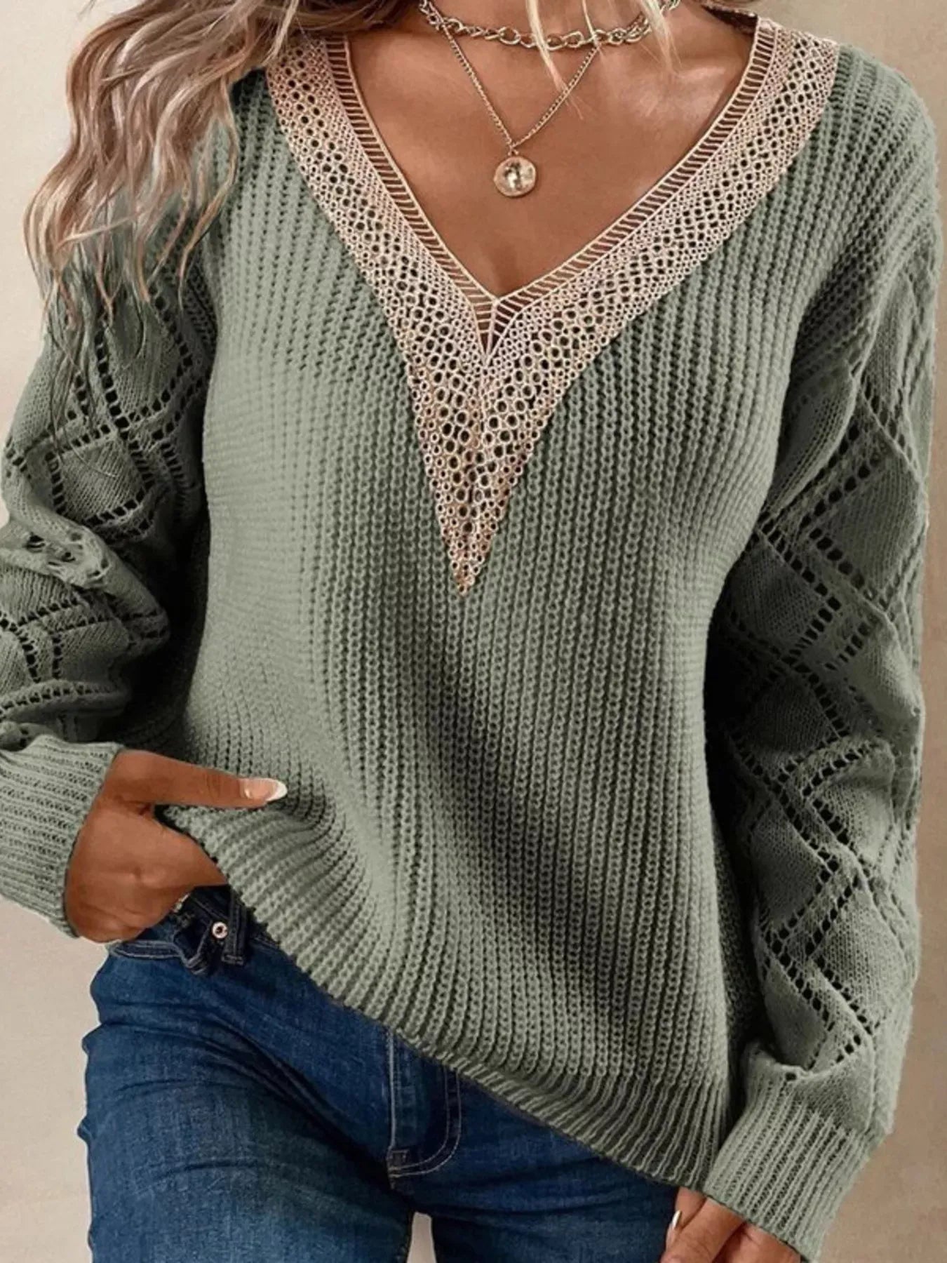 V-Neck Openwork Knit Sweater Olive Green / S The Nichole Collection - Official Site
