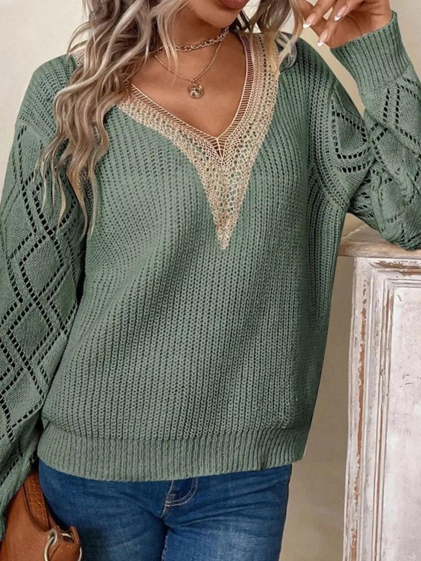 V-Neck Openwork Knit Sweater The Nichole Collection - Official Site
