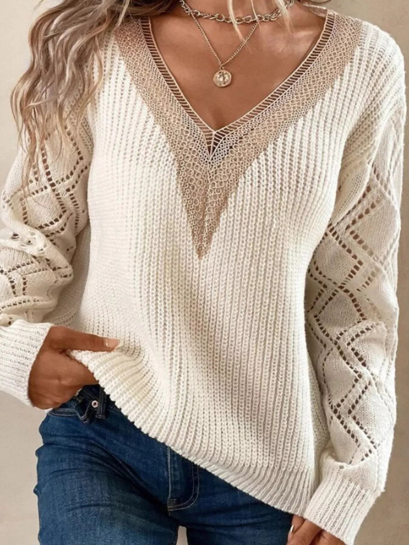 V-Neck Openwork Knit Sweater The Nichole Collection - Official Site