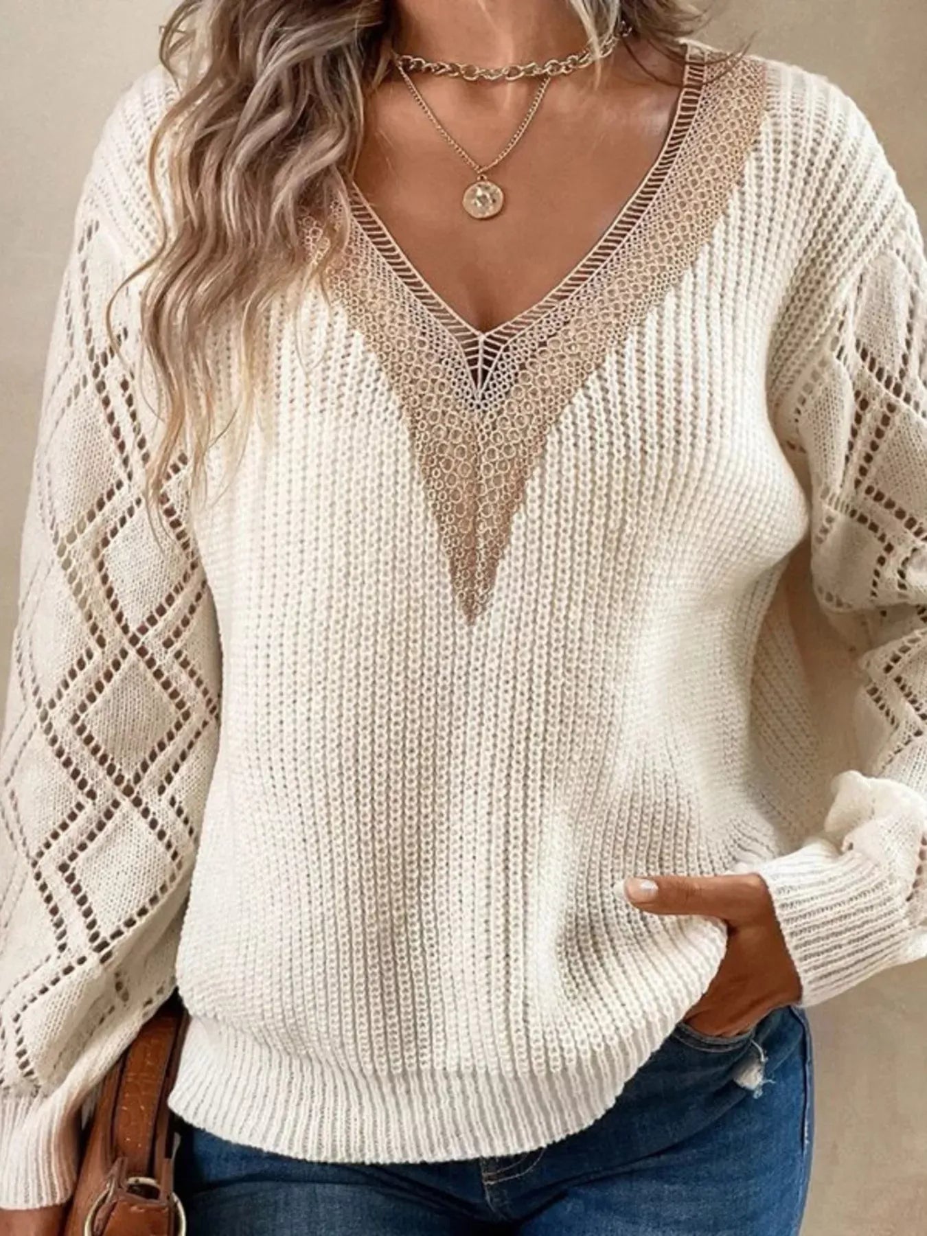 V-Neck Openwork Knit Sweater White / S The Nichole Collection - Official Site