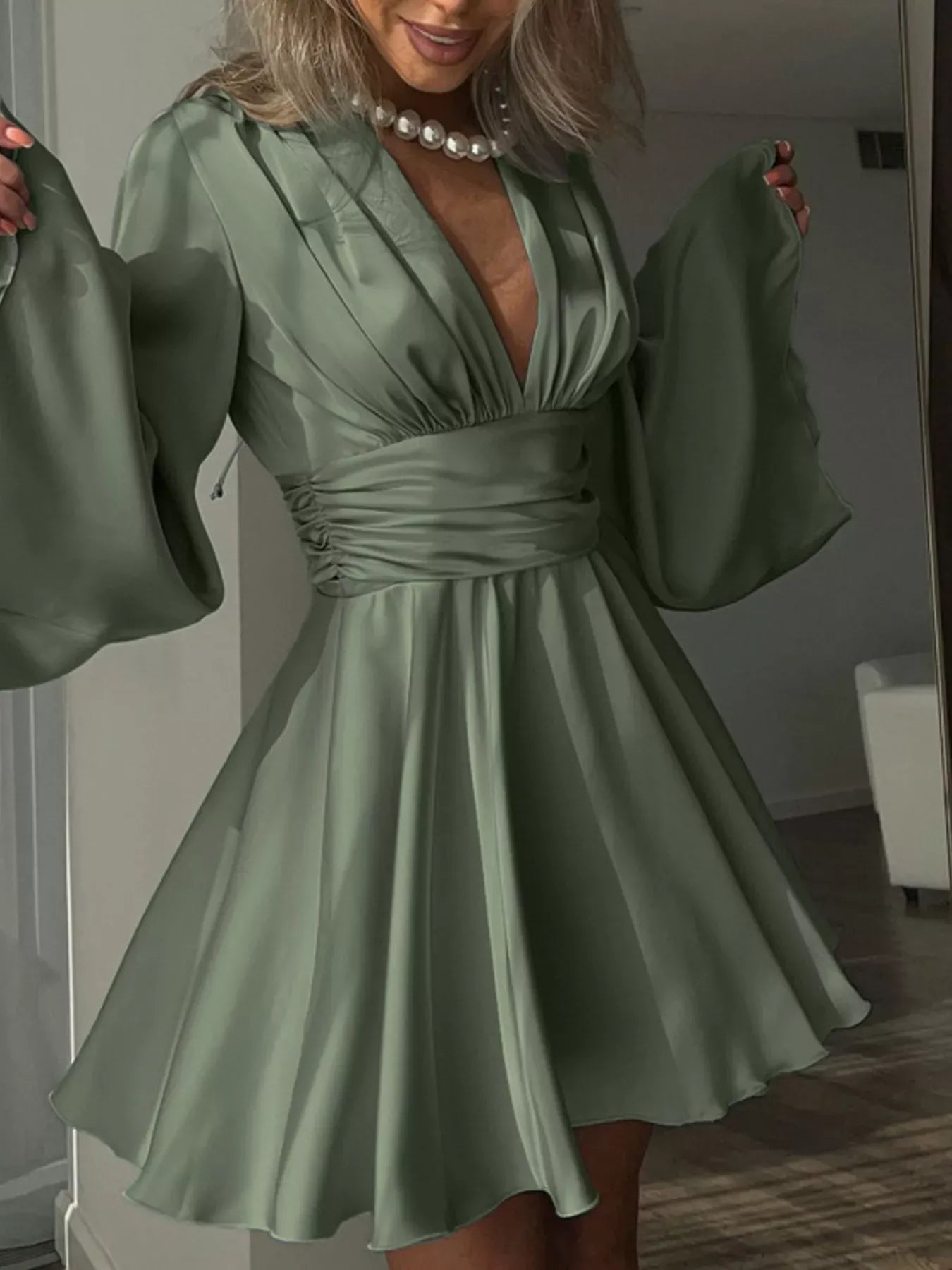 V-Neck Satin Mini Dress with Flowy Sleeves | The Nichole Collection