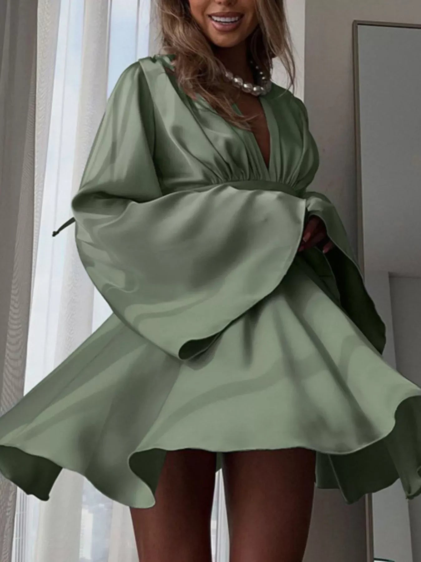V-Neck Satin Mini Dress with Flowy Sleeves | The Nichole Collection