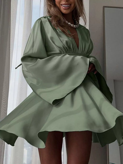 V-Neck Satin Mini Dress with Flowy Sleeves | The Nichole Collection