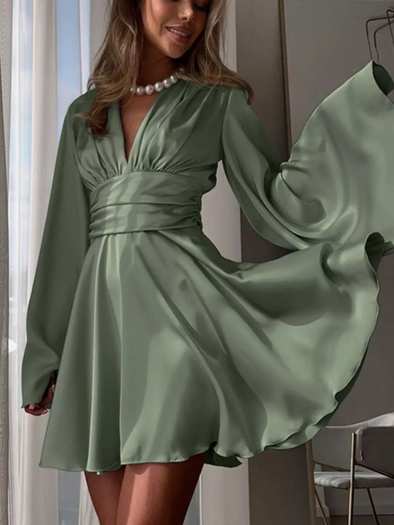 V-Neck Satin Mini Dress with Flowy Sleeves | The Nichole Collection