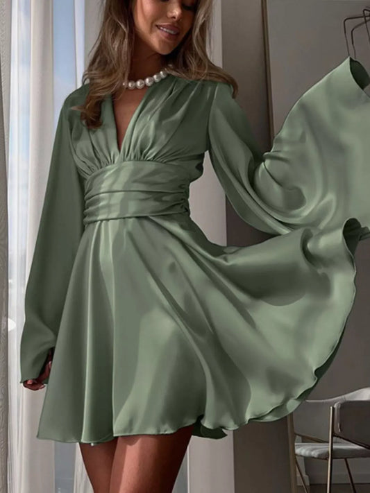 V-Neck Satin Mini Dress with Flowy Sleeves Army Green / S The Nichole Collection