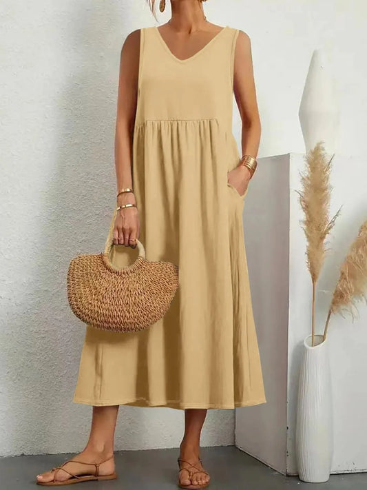 V-Neck Sleeveless Dress with Pockets Plus Size Tan / S The Nichole Collection