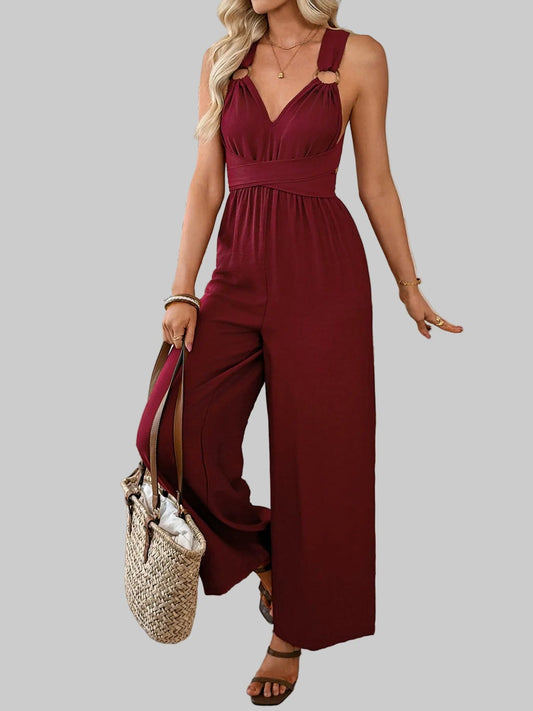 V-Neck Sleeveless Wide Leg Jumpsuit Burgundy / S The Nichole Collection