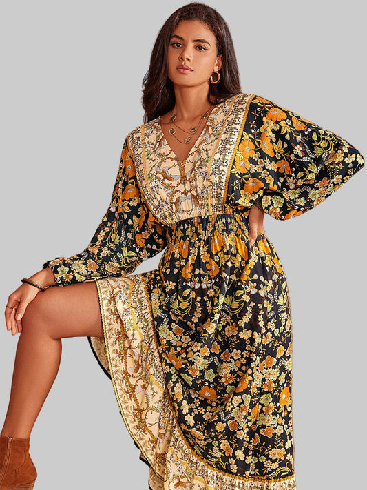 V-Neck Smocked Balloon Sleeve Dress Dresses Floral / S The Nichole Collection