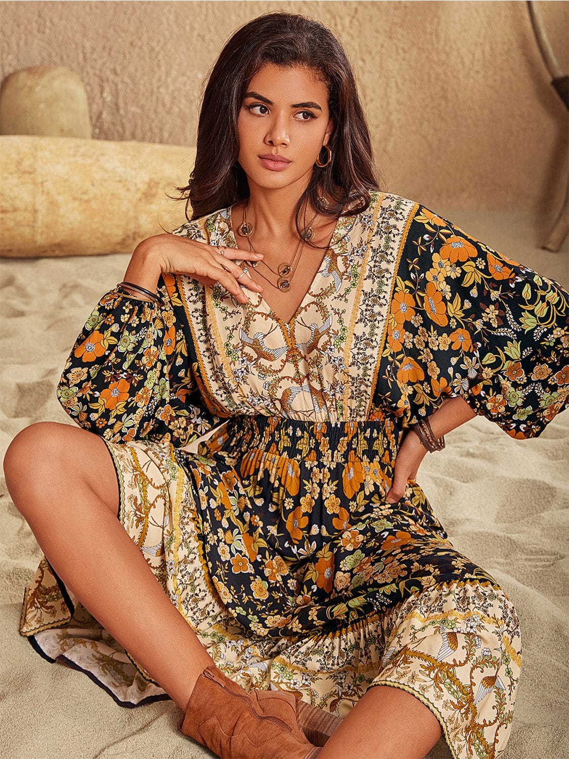 V-Neck Smocked Balloon Sleeve Dress Dresses The Nichole Collection