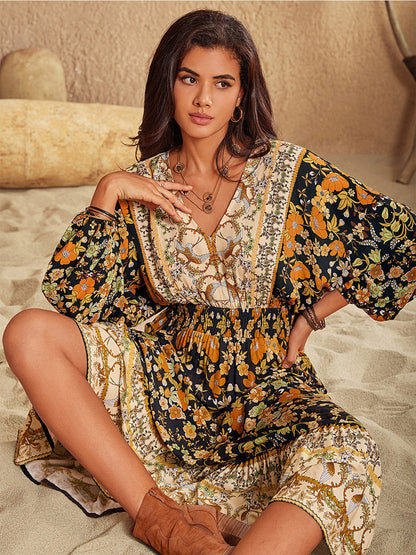 V-Neck Smocked Balloon Sleeve Dress Dresses The Nichole Collection
