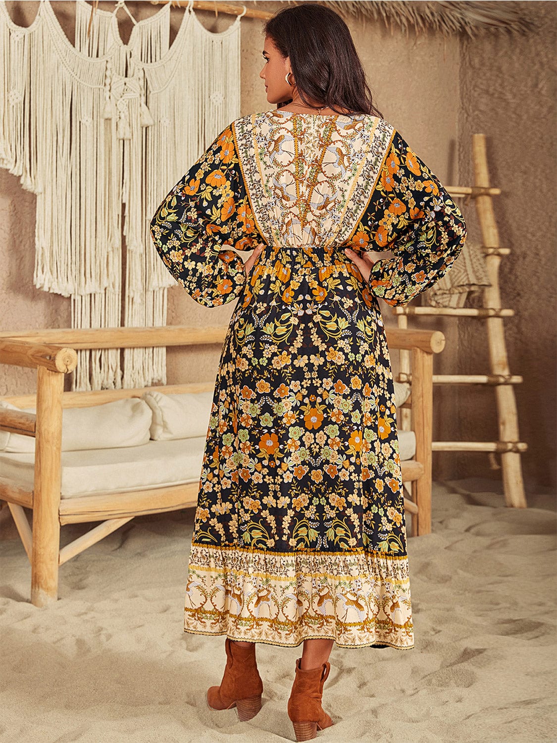 V-Neck Smocked Balloon Sleeve Dress Dresses The Nichole Collection
