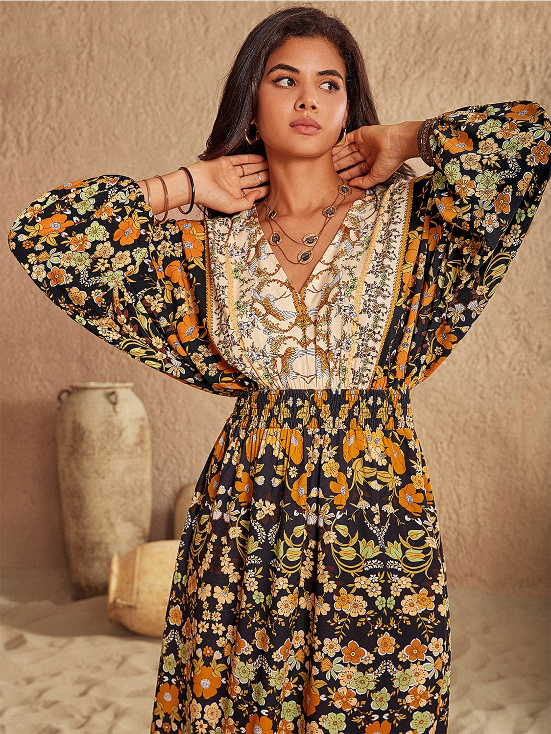 V-Neck Smocked Balloon Sleeve Dress Dresses The Nichole Collection