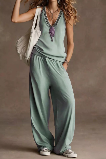 V-Neck Tank and Wide Leg Pants Set Air Force Blue / S The Nichole Collection - Official Site