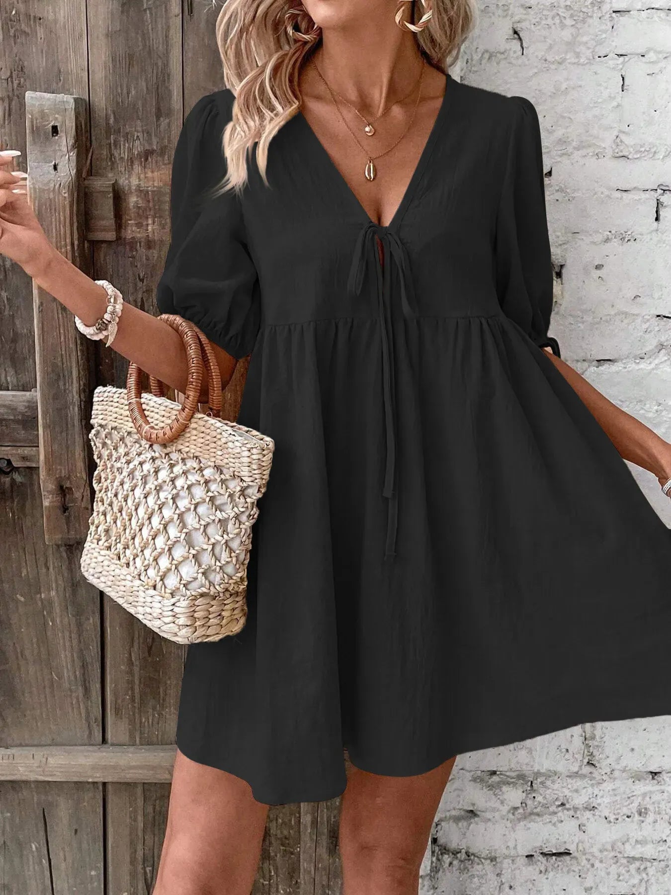 V-Neck Tie-Front Mini Dress with Puff Sleeves Black / S The Nichole Collection