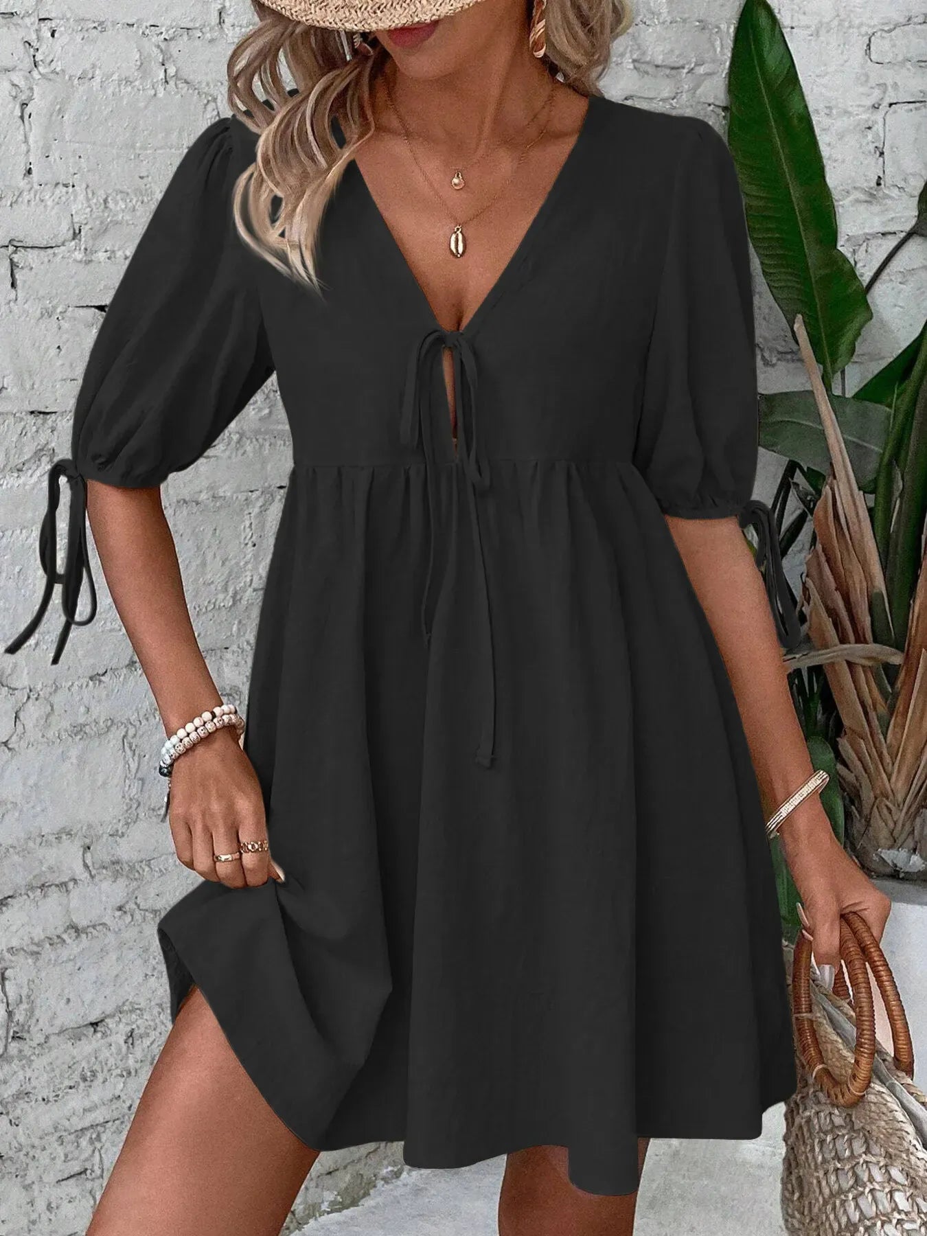 V-Neck Tie-Front Mini Dress with Puff Sleeves The Nichole Collection