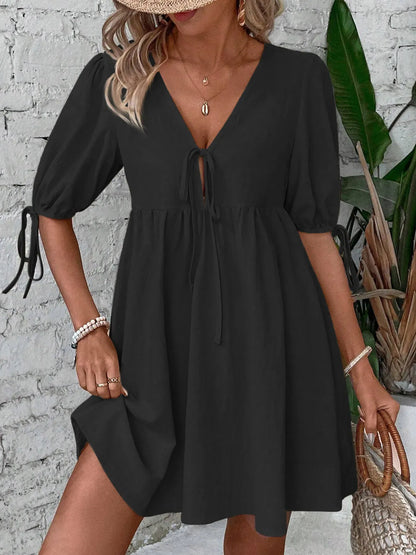 V-Neck Tie-Front Mini Dress with Puff Sleeves The Nichole Collection