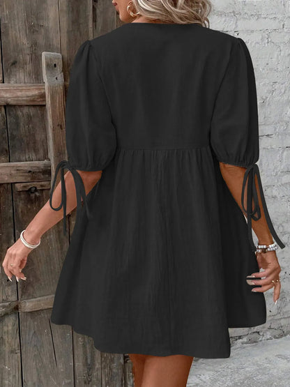 V-Neck Tie-Front Mini Dress with Puff Sleeves The Nichole Collection