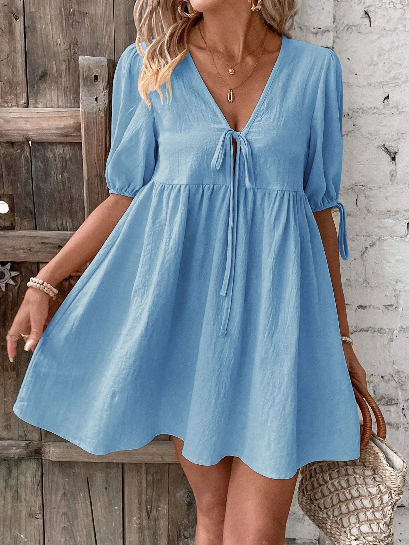 V-Neck Tie-Front Mini Dress with Puff Sleeves The Nichole Collection