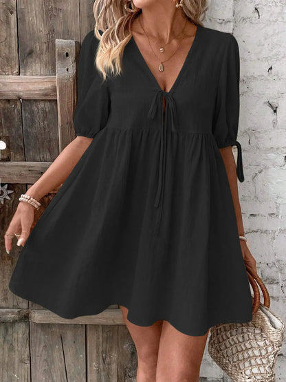 V-Neck Tie-Front Mini Dress with Puff Sleeves The Nichole Collection