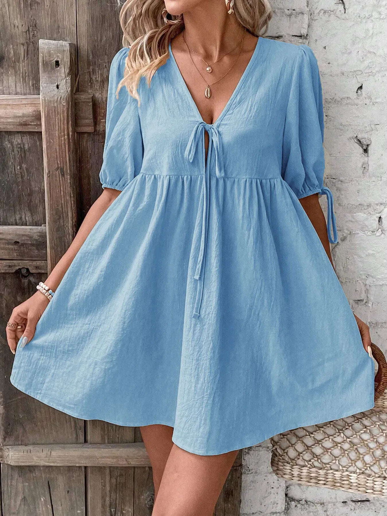 V-Neck Tie-Front Mini Dress with Puff Sleeves The Nichole Collection