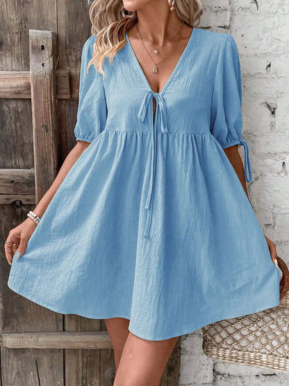 V-Neck Tie-Front Mini Dress with Puff Sleeves The Nichole Collection