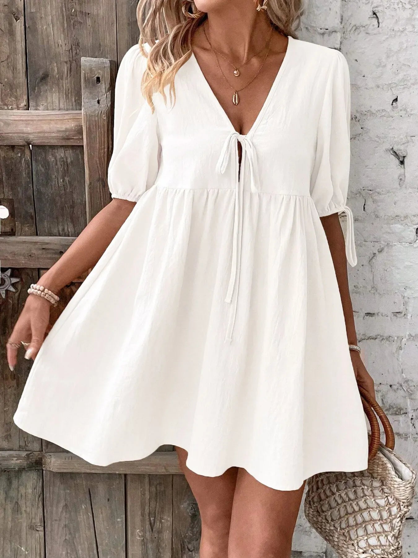 V-Neck Tie-Front Mini Dress with Puff Sleeves The Nichole Collection