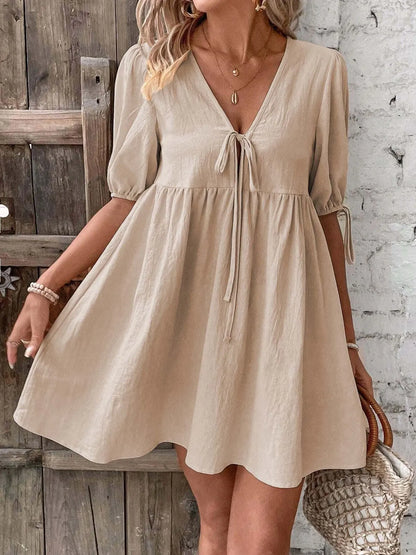 V-Neck Tie-Front Mini Dress with Puff Sleeves Khaki / S The Nichole Collection