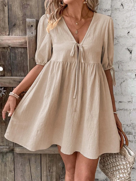 V-Neck Tie-Front Mini Dress with Puff Sleeves Khaki / S The Nichole Collection