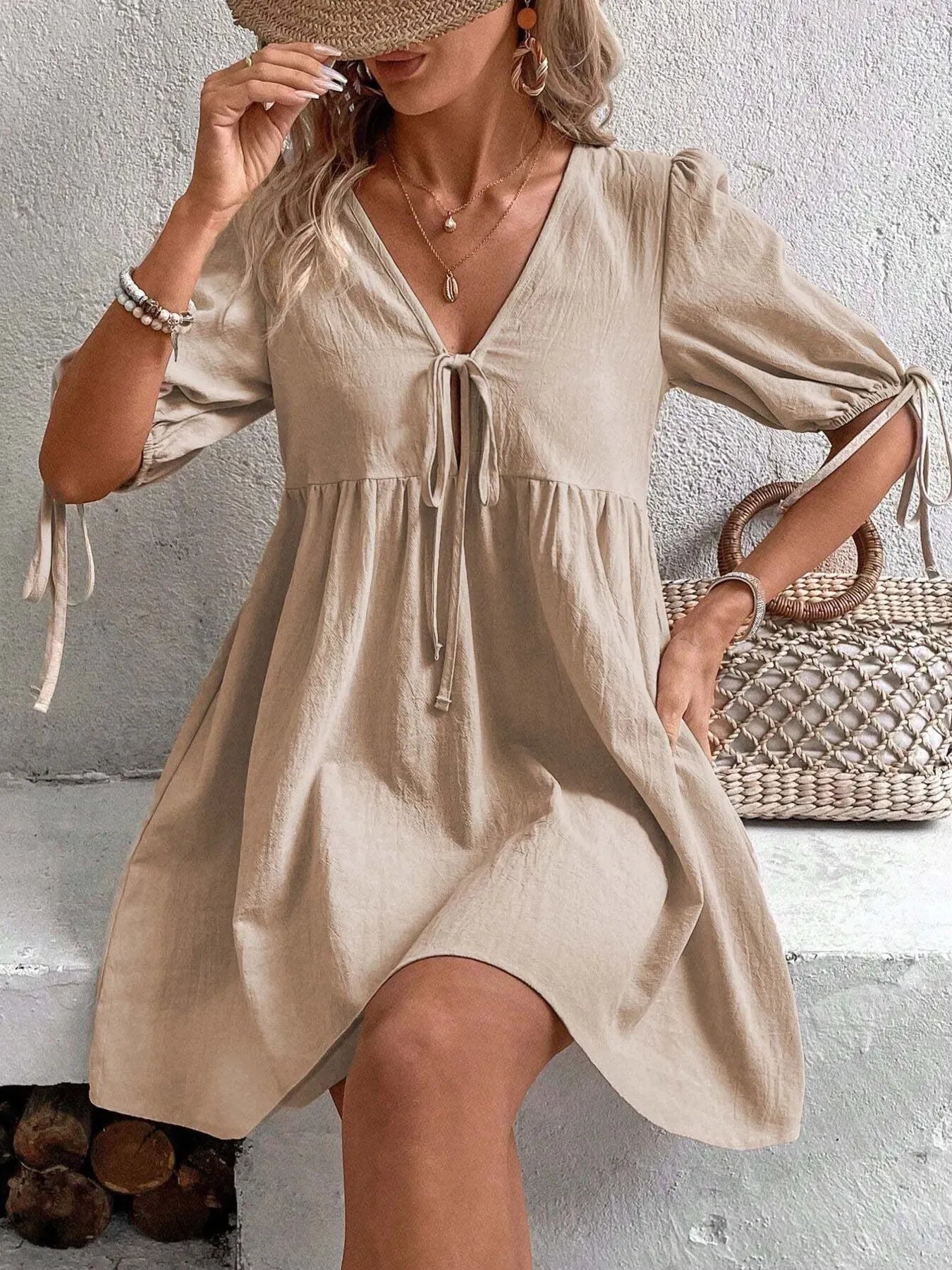 V-Neck Tie-Front Mini Dress with Puff Sleeves The Nichole Collection