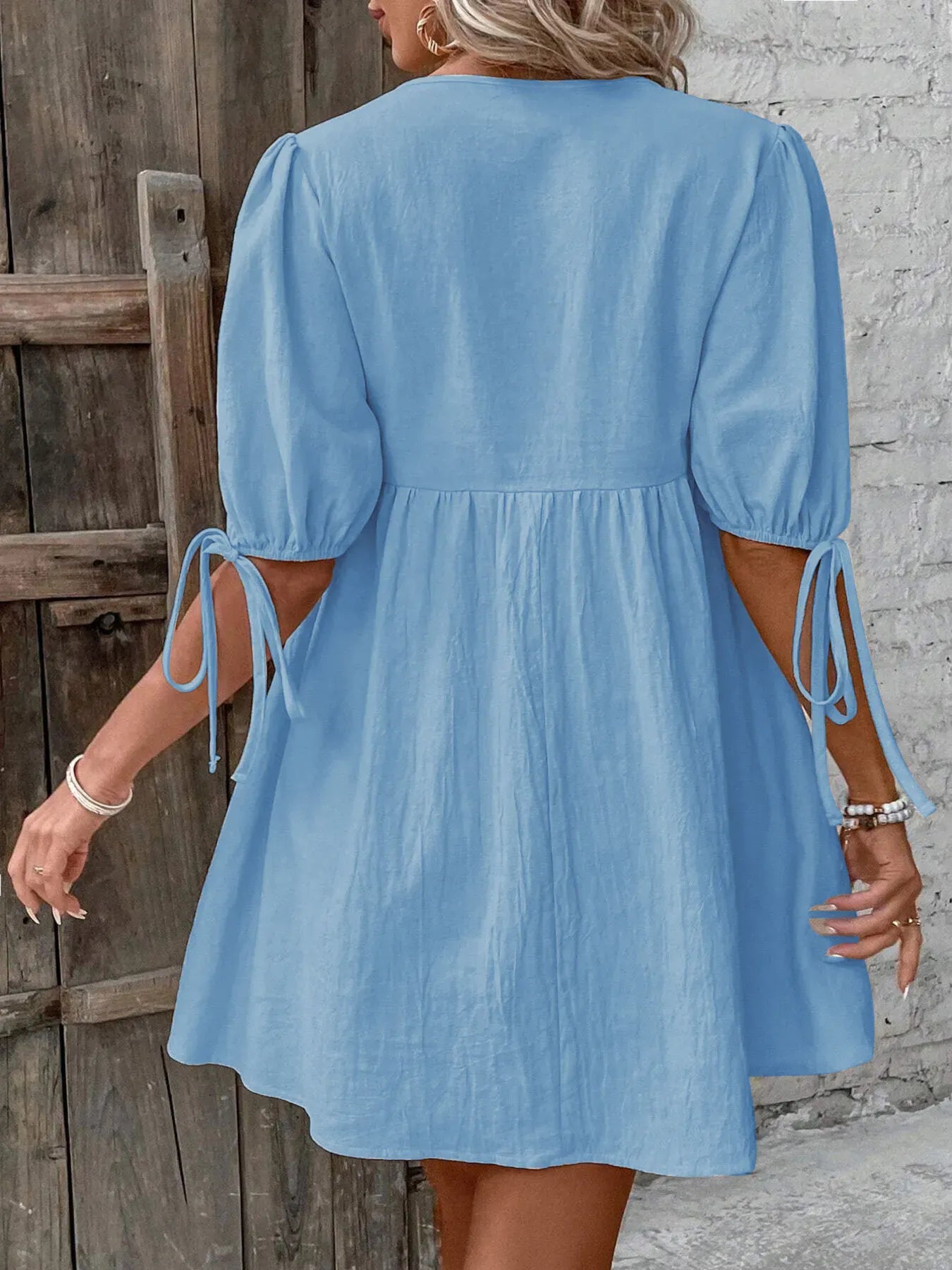 V-Neck Tie-Front Mini Dress with Puff Sleeves The Nichole Collection