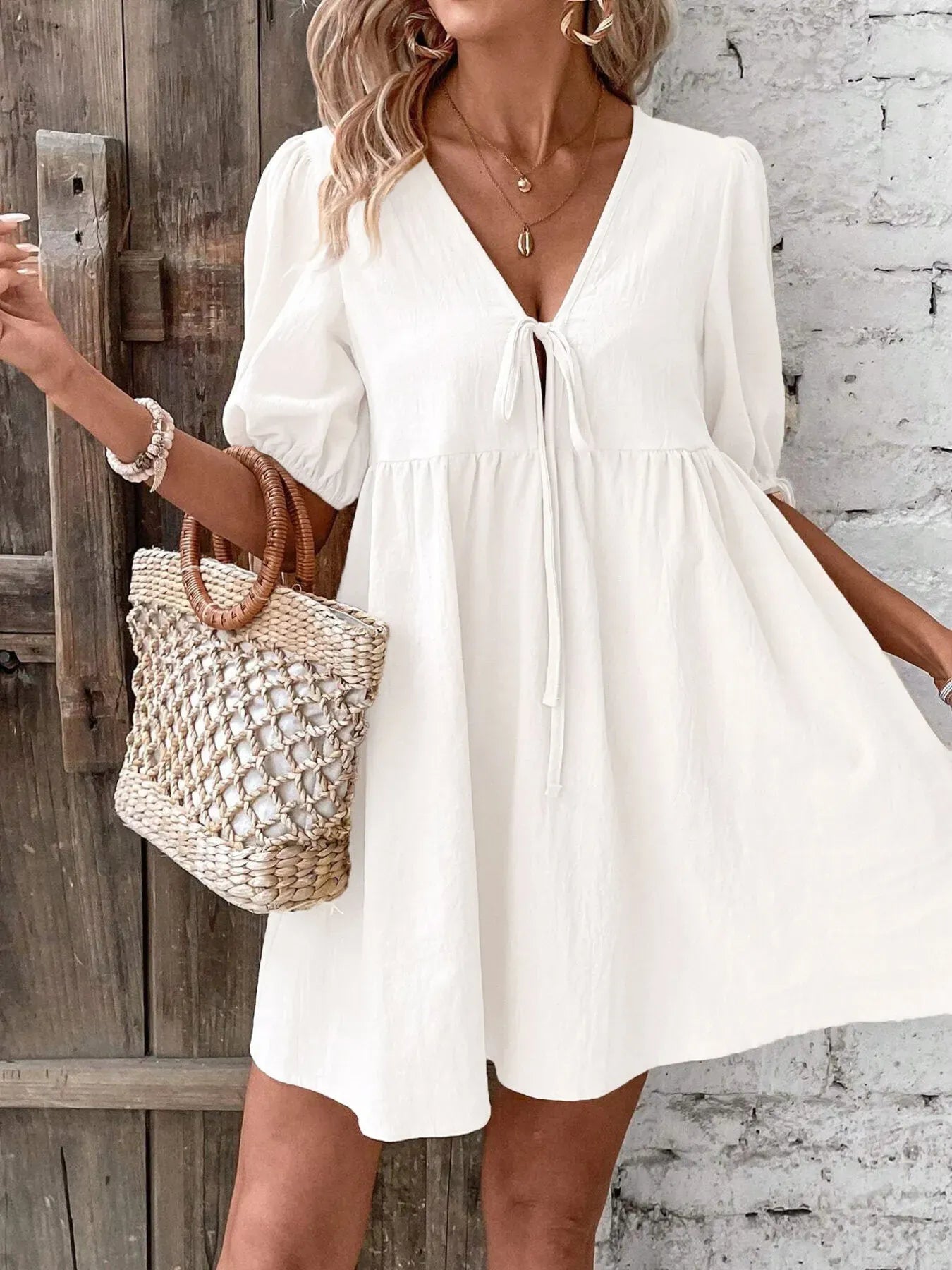 V-Neck Tie-Front Mini Dress with Puff Sleeves White / S The Nichole Collection