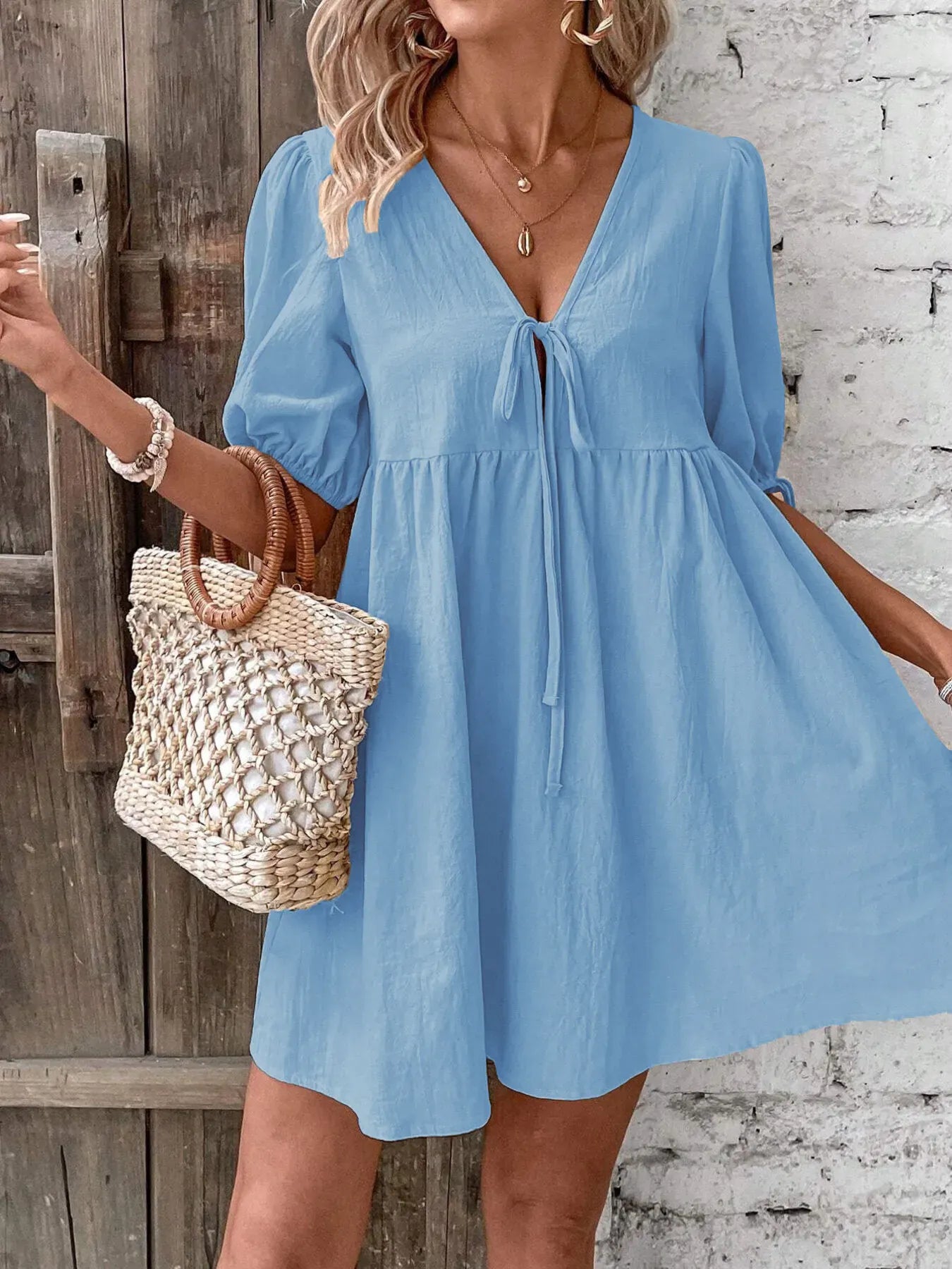 V-Neck Tie-Front Mini Dress with Puff Sleeves Blue / S The Nichole Collection