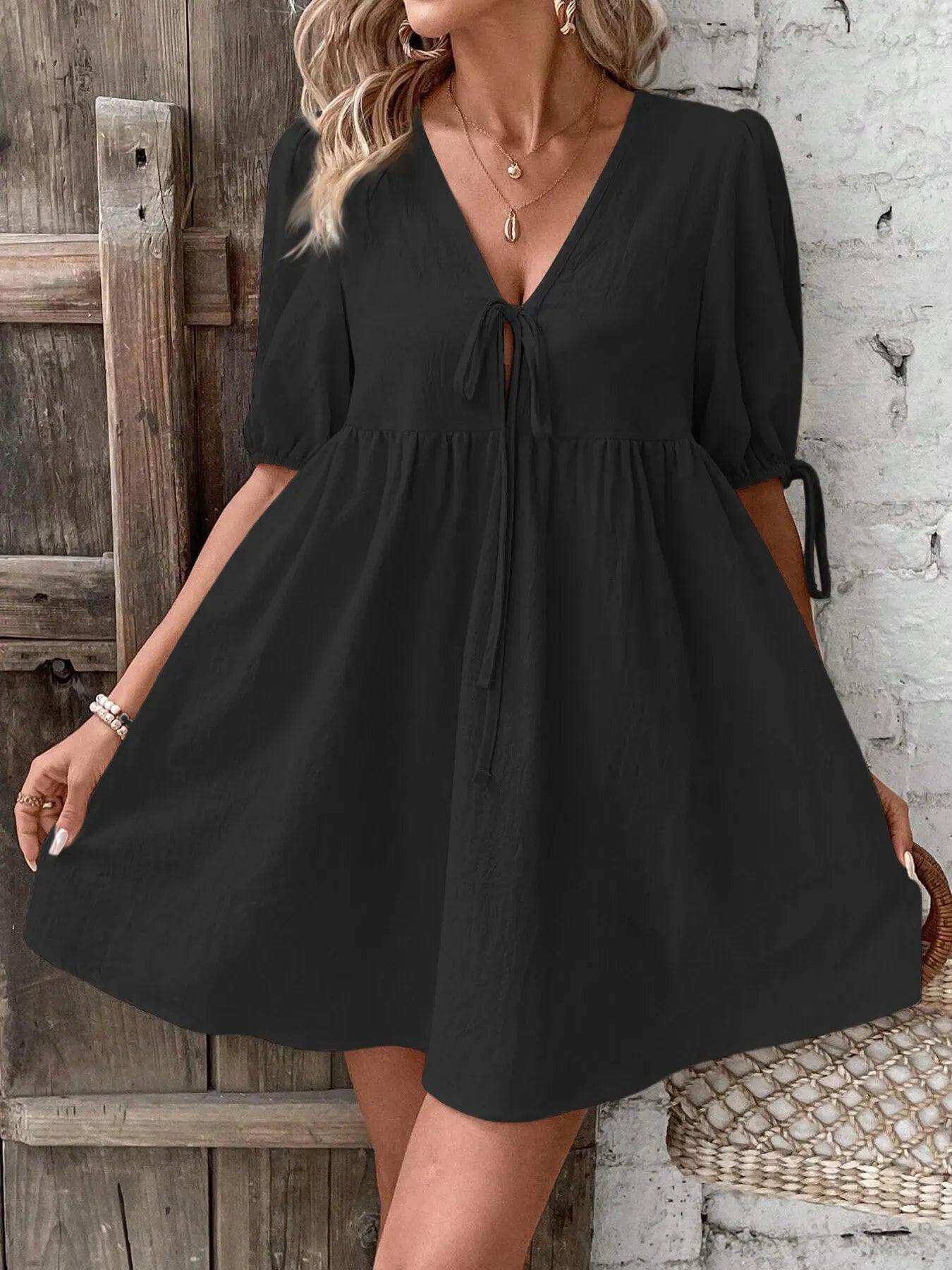 V-Neck Tie-Front Mini Dress with Puff Sleeves The Nichole Collection