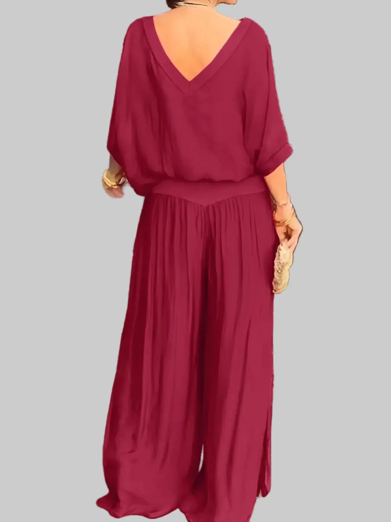 V-Neck Top and Wide Leg Pants Two-Piece Set Women's Sets The Nichole Collection