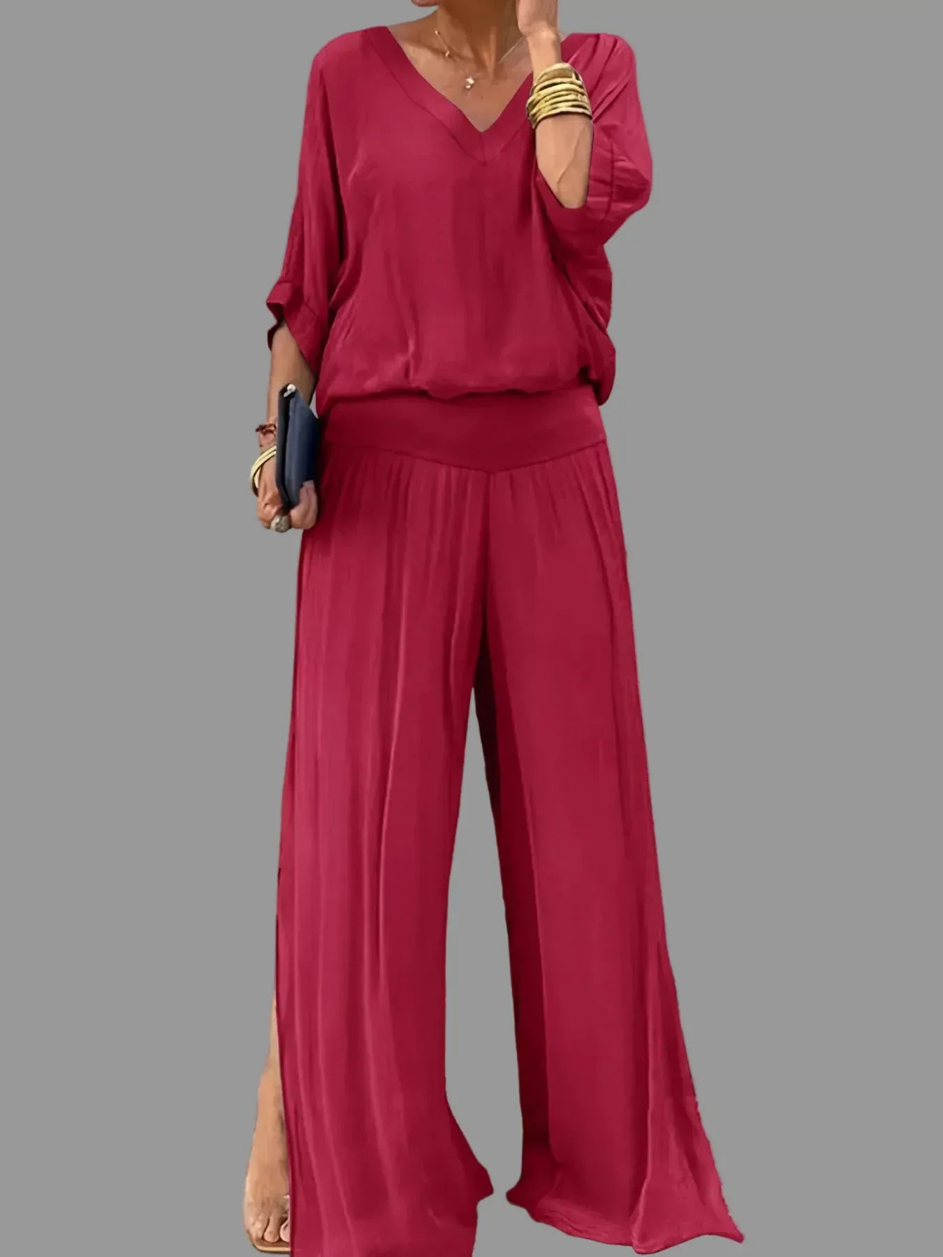 V-Neck Top and Wide Leg Pants Two-Piece Set Women's Sets The Nichole Collection