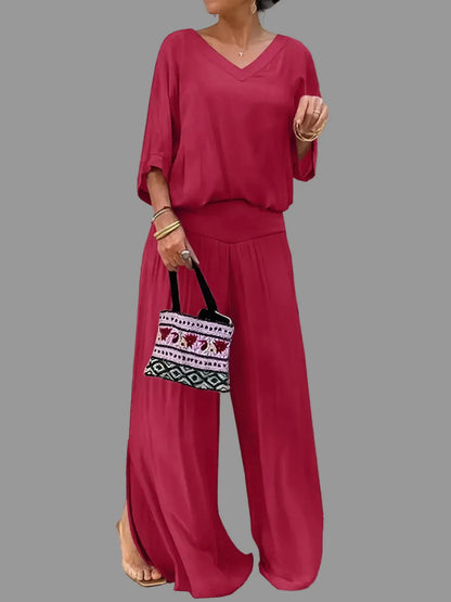 V-Neck Top and Wide Leg Pants Two-Piece Set Women's Sets Deep Red / S The Nichole Collection