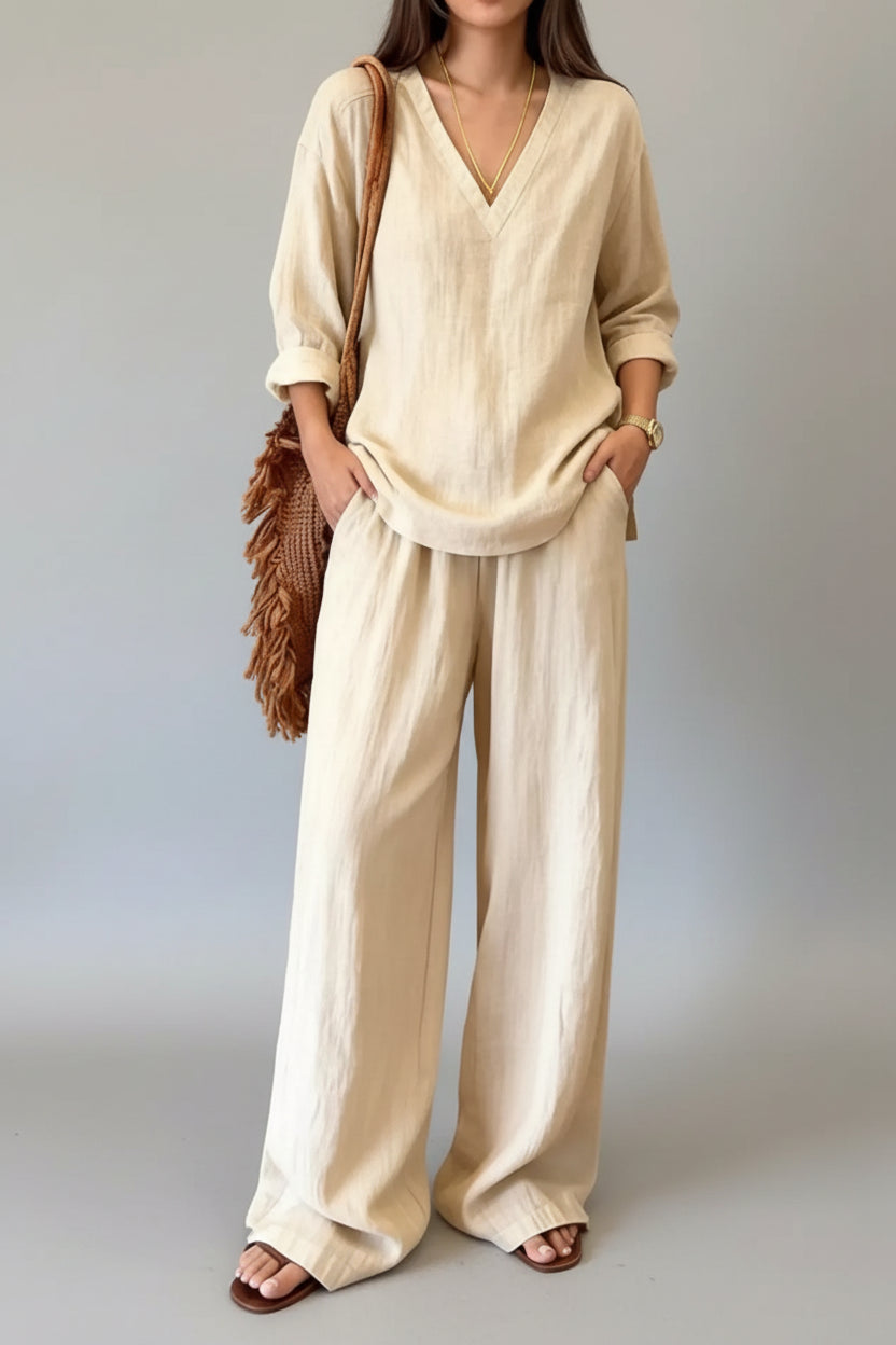 V-Neck Top & Wide-Leg Pants Set Cream White / S The Nichole Collection - Official Site