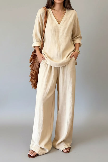 V-Neck Top & Wide-Leg Pants Set Cream White / S The Nichole Collection - Official Site