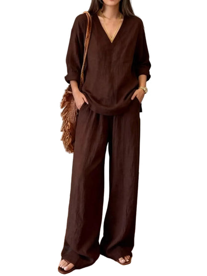 V-Neck Top & Wide-Leg Pants Set Dark Brown / S The Nichole Collection - Official Site
