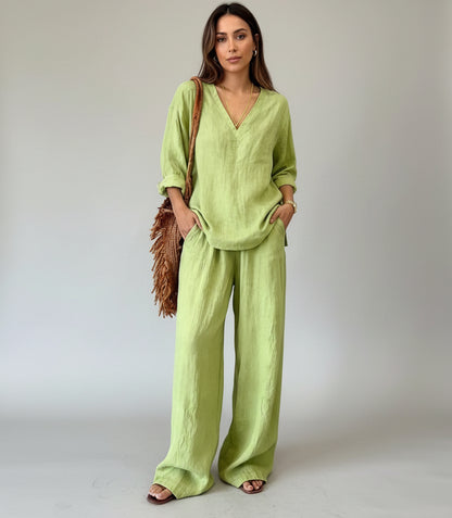V-Neck Top & Wide-Leg Pants Set Yellow Green / S The Nichole Collection - Official Site
