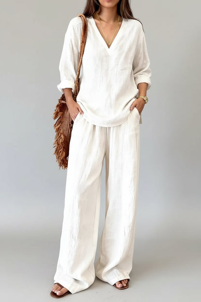 V-Neck Top & Wide-Leg Pants Set White / S The Nichole Collection - Official Site