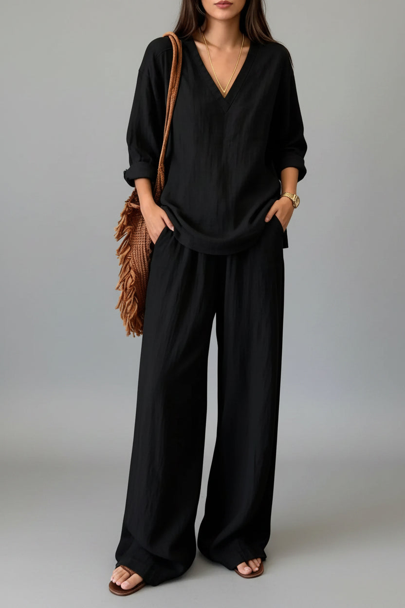 V-Neck Top & Wide-Leg Pants Set Black / S The Nichole Collection - Official Site