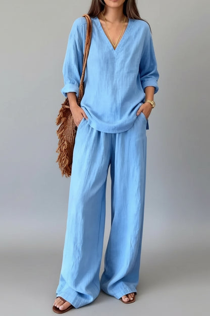 V-Neck Top & Wide-Leg Pants Set Blue / S The Nichole Collection - Official Site